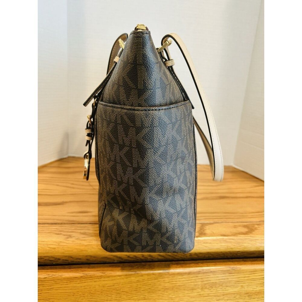 Michael Kors Jet Set Brown MK Logo Signature Tan Coated Canvas Trip Tote Bag - Picture 4 of 8